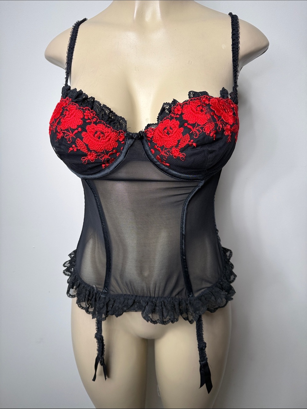 Victoria's Secret Black Sheer Bustier with Red Floral Embroidery